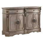 Northville 68" Marble Top Server with Storage, Antique Silver - Acme Furniture: No Assembly, Scrolled Motifs