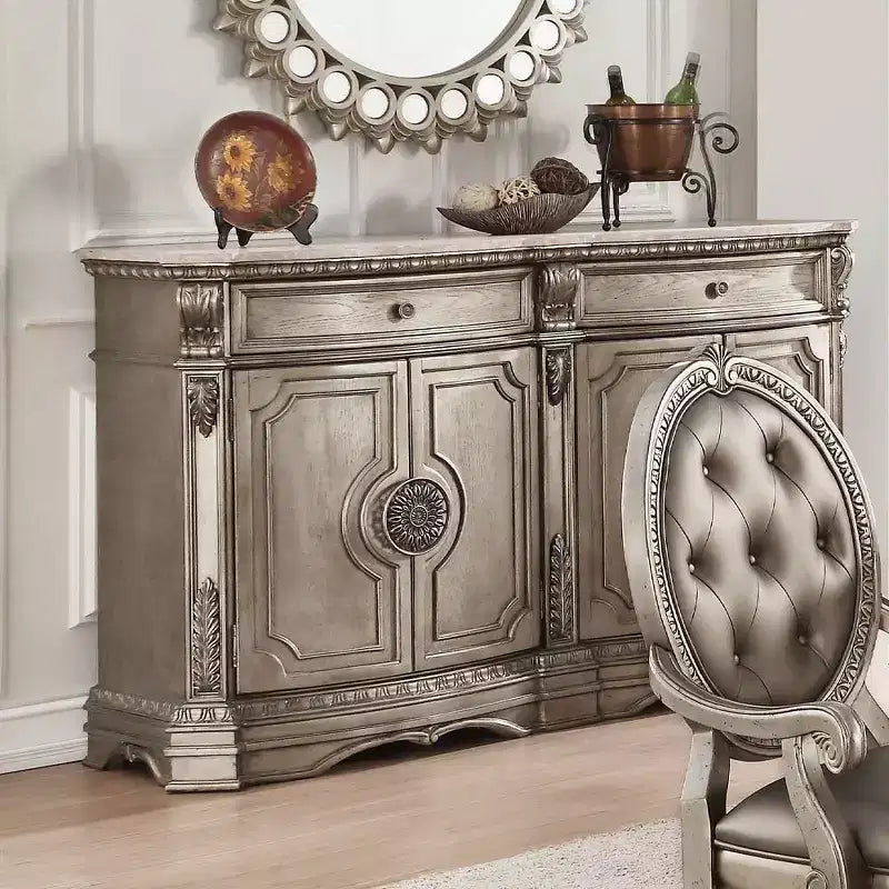 Buffet de service Northville 173 cm en marbre avec rangement, argent antique - Acme Furniture : Aucun assemblage requis, motifs en volutes