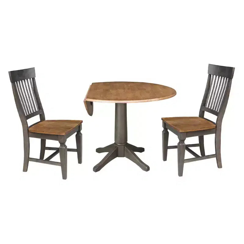 Table de salle à manger ronde 42 po à double rabat avec 2 chaises à dossier ajouré Noyer/Charbon délavé - International Concepts