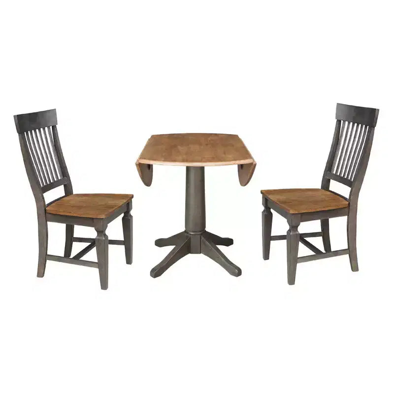 Table de salle à manger ronde 42 po à double rabat avec 2 chaises à dossier ajouré Noyer/Charbon délavé - International Concepts