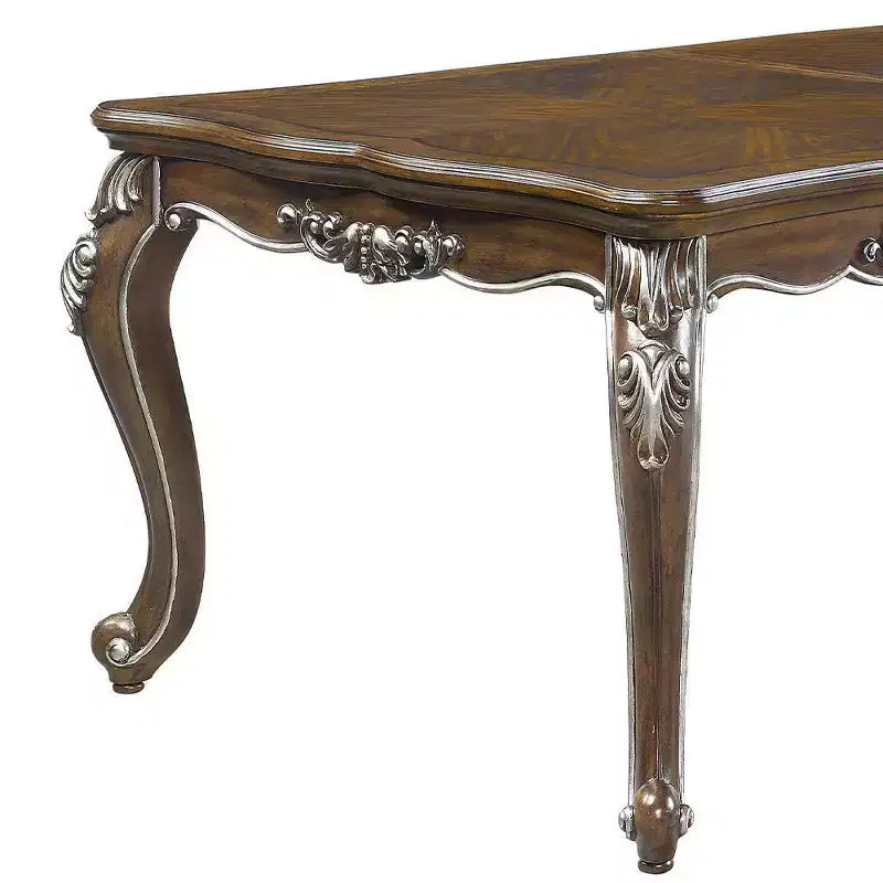 Table à manger Latisha 243,84 cm, finition chêne vieilli - Acme Furniture : Argent brossé à la main, moulures florales, rallonge