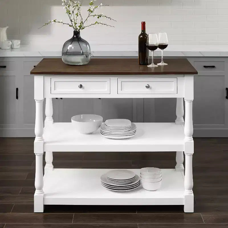 Caitlyn Wood Top Kitchen Island White/Dark Brown - Crosley : Rangement, pieds tournés, étagères fixes