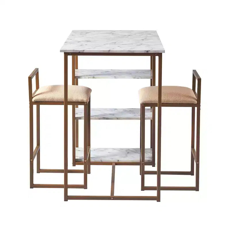 Teamson Home Ensemble de salle à manger Marmo avec plateau en faux marbre et laiton : 3 pièces, style moderne, finition laquée, tabourets rembourrés