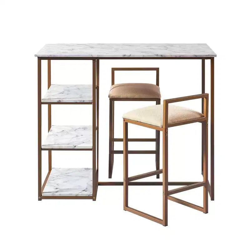 Teamson Home Ensemble de salle à manger Marmo avec plateau en faux marbre et laiton : 3 pièces, style moderne, finition laquée, tabourets rembourrés