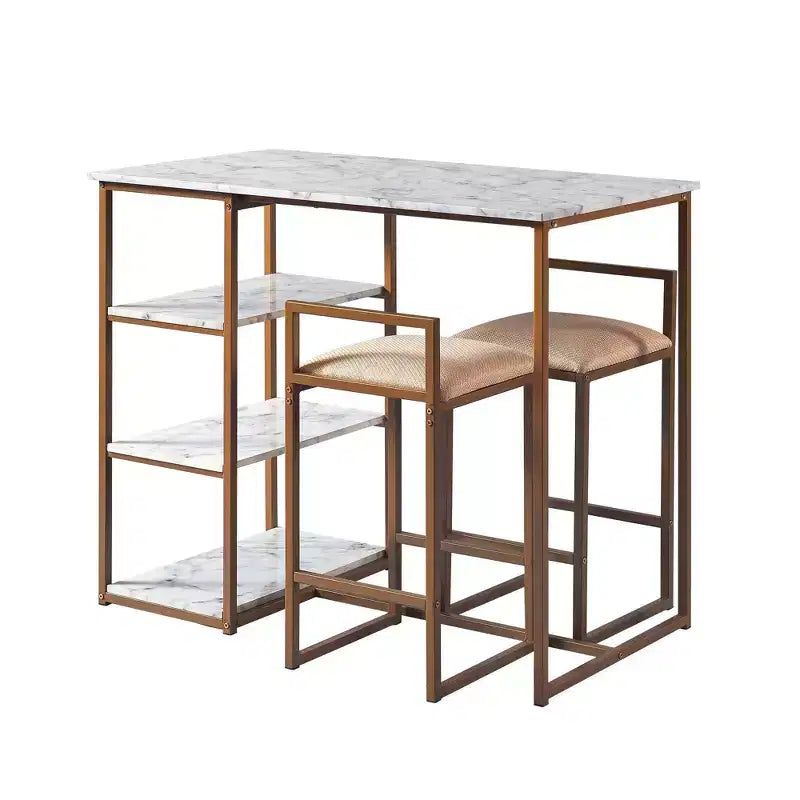 Teamson Home Ensemble de salle à manger Marmo avec plateau en faux marbre et laiton : 3 pièces, style moderne, finition laquée, tabourets rembourrés