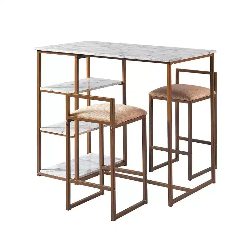 Teamson Home Ensemble de salle à manger Marmo avec plateau en faux marbre et laiton : 3 pièces, style moderne, finition laquée, tabourets rembourrés