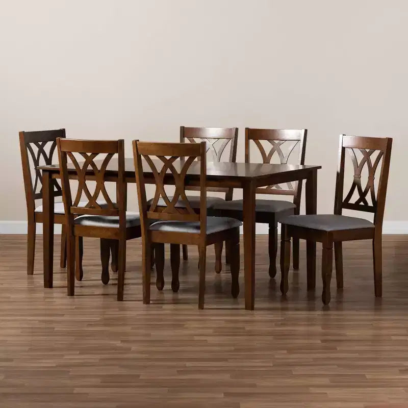 Ensemble de salle à manger 7 pièces Augustine avec revêtement en tissu gris/noyer brun - Baxton Studio : Table rectangulaire moderne, 6 chaises sans accoudoirs