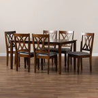 Ensemble de salle à manger 7 pièces Augustine avec revêtement en tissu gris/noyer brun - Baxton Studio : Table rectangulaire moderne, 6 chaises sans accoudoirs