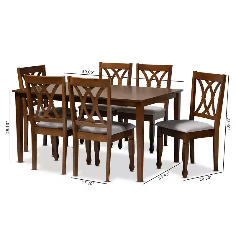 Ensemble de salle à manger 7 pièces Augustine avec revêtement en tissu gris/noyer brun - Baxton Studio : Table rectangulaire moderne, 6 chaises sans accoudoirs