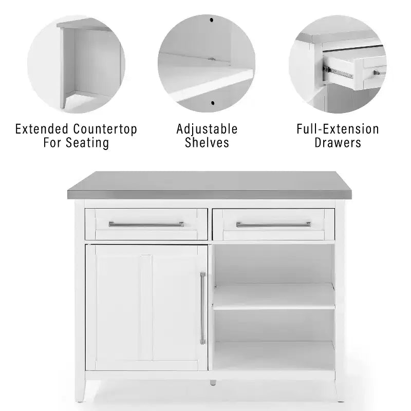 Îlot de cuisine Silvia avec dessus en acier inoxydable et tabourets à dossier en X Blanc/Gris - Crosley