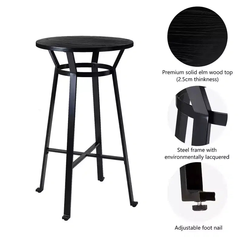 Table de bar en acier de 41,25 po avec plateau en bois d'orme massif noir - Glitzhome : Style pub, bistrot moderne, 2 places