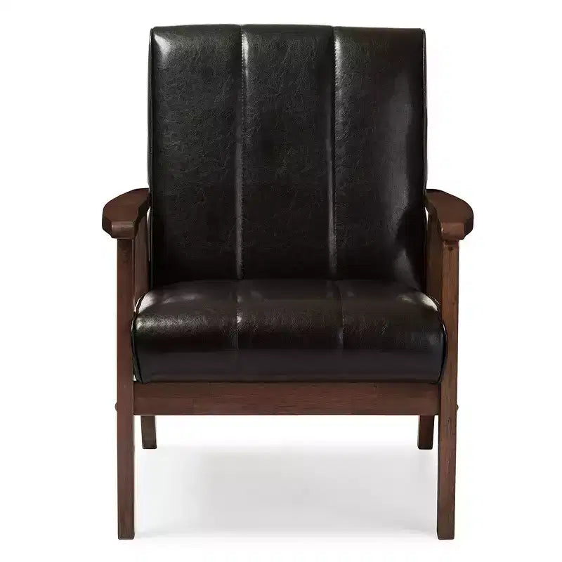 Fauteuil de salon Nikko Mid-Century Modern en simili-cuir et bois style scandinave - Marron foncé - Baxton Studio