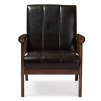 Fauteuil de salon Nikko Mid-Century Modern en simili-cuir et bois style scandinave - Marron foncé - Baxton Studio