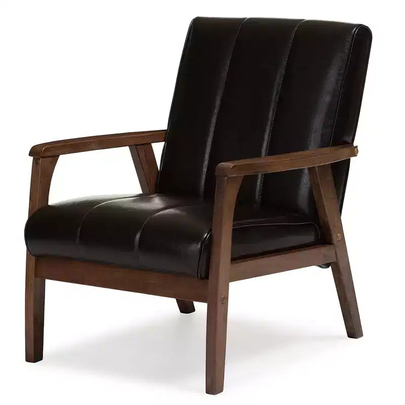 Fauteuil de salon Nikko Mid-Century Modern en simili-cuir et bois style scandinave - Marron foncé - Baxton Studio