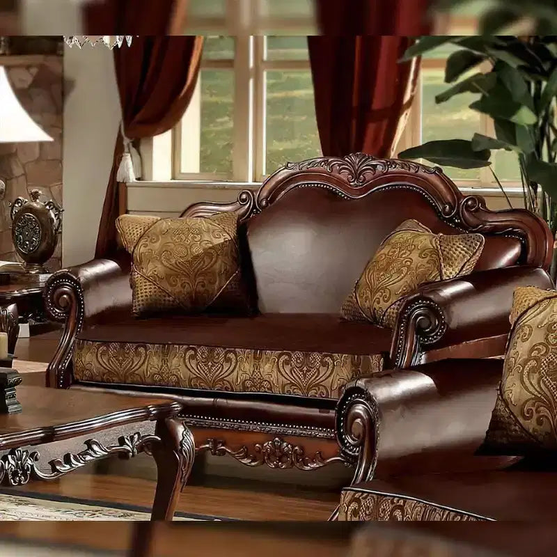 Canapé Dresden 67 po, cuir synthétique/chenille/chêne merisier, par Acme Furniture