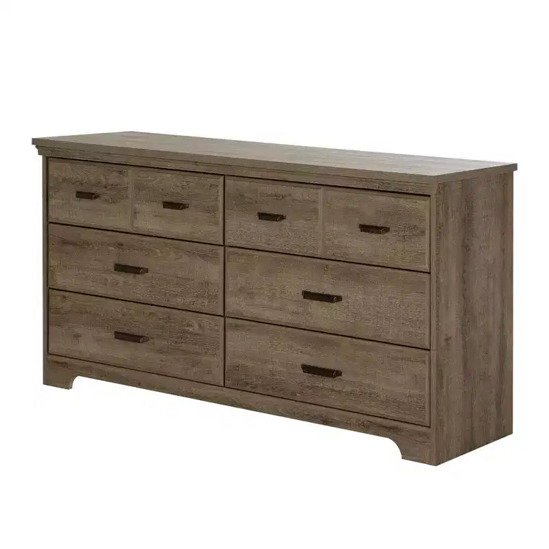Commode double 6 tiroirs South Shore Versa chêne vieilli : Panneaux de particules stratifiés, quincaillerie anti-basculement, garantie de 5 ans