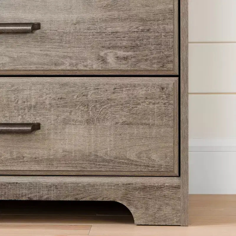 Commode double 6 tiroirs South Shore Versa chêne vieilli : Panneaux de particules stratifiés, quincaillerie anti-basculement, garantie de 5 ans