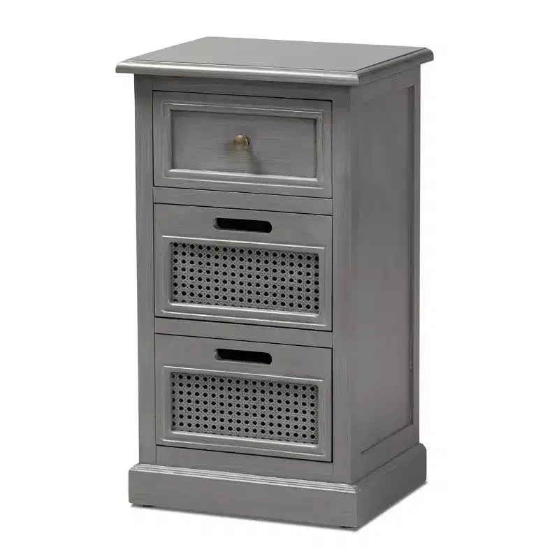 Sheldon Vintage Wood and Synthetic Rattan 3 Drawer Nightstand Gray - Baxton Studio