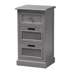 Sheldon Vintage Wood and Synthetic Rattan 3 Drawer Nightstand Gray - Baxton Studio