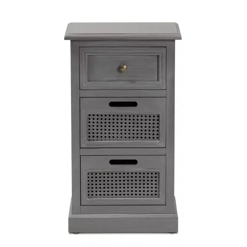 Sheldon Table de chevet en bois vintage et rotin synthétique à 3 tiroirs gris - Baxton Studio