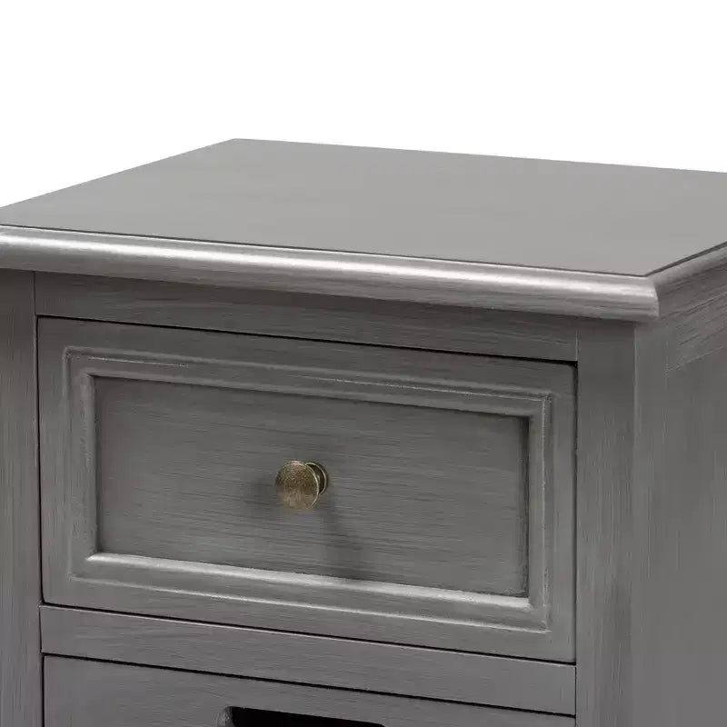 Sheldon Table de chevet en bois vintage et rotin synthétique à 3 tiroirs gris - Baxton Studio