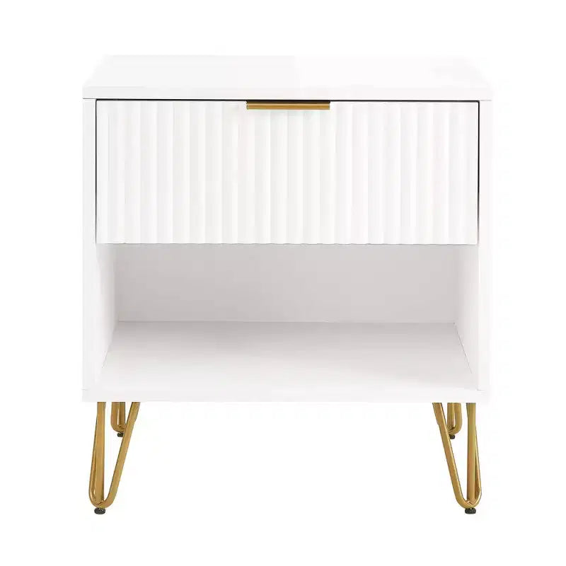Manhattan Comfort Dumbo Nightstand with Drawer White: Modern Bedside Table, Metal Glides, Storage Shelf