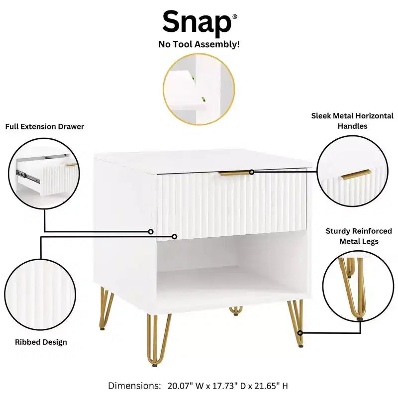 Manhattan Comfort Dumbo Table de Nuit avec Tiroir Blanc : Table de Chevet Moderne, Glissières Métalliques, Étagère de Rangement