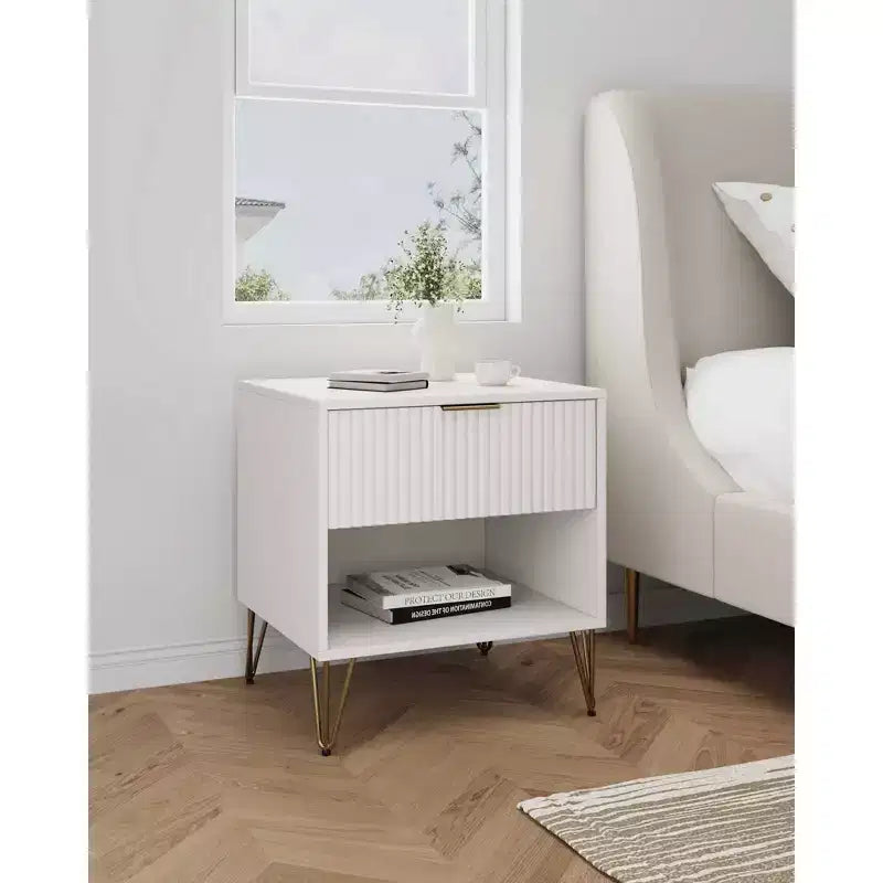 Manhattan Comfort Dumbo Table de Nuit avec Tiroir Blanc : Table de Chevet Moderne, Glissières Métalliques, Étagère de Rangement
