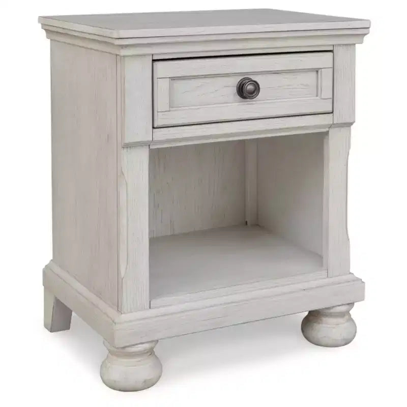 Signature Design by Ashley Robbinsdale 1 Drawer Nightstand White: Vintage Style Bedroom Side Table with Storage & Cable Management