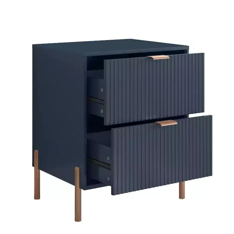 Table de chevet à 2 tiroirs Festivo Navy : Design scandinave moderne, accents or rose, bois MDF, 66 cm de hauteur