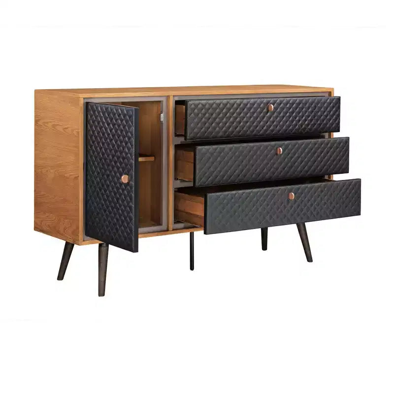 Commode Coco Chêne rustique/Brun - Armen Living : Rangement moderne, Détail en similicuir, Fermeture douce