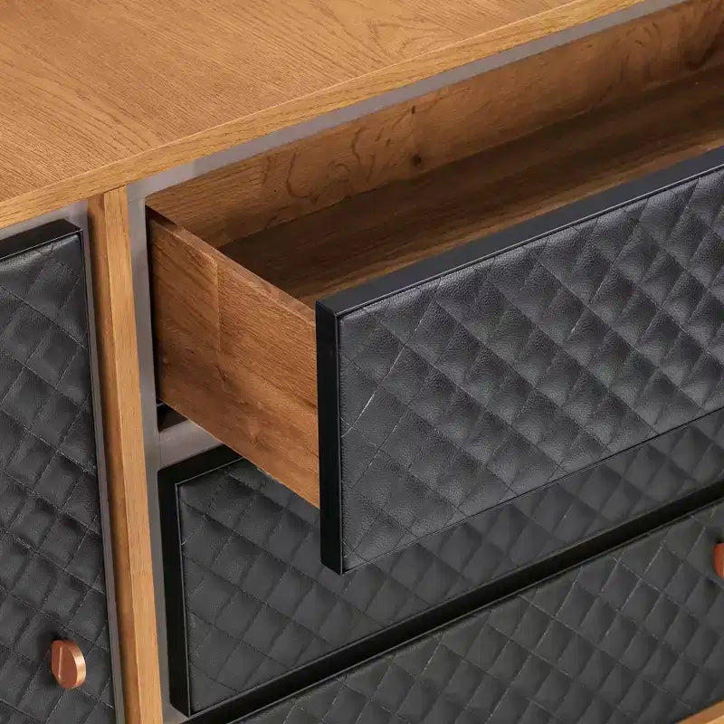 Commode Coco Chêne rustique/Brun - Armen Living : Rangement moderne, Détail en similicuir, Fermeture douce