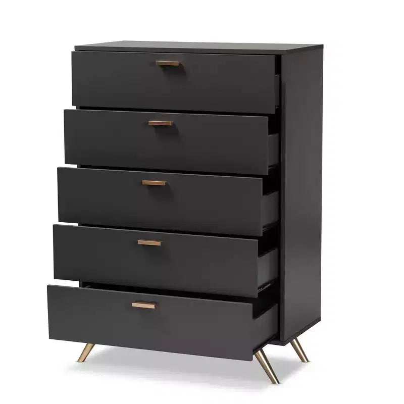 Commode Kelson Wood à 5 tiroirs gris foncé/doré - Baxton Studio : Rangement moderne pour chambre à coucher