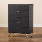 Commode Kelson Wood à 5 tiroirs gris foncé/doré - Baxton Studio : Rangement moderne pour chambre à coucher
