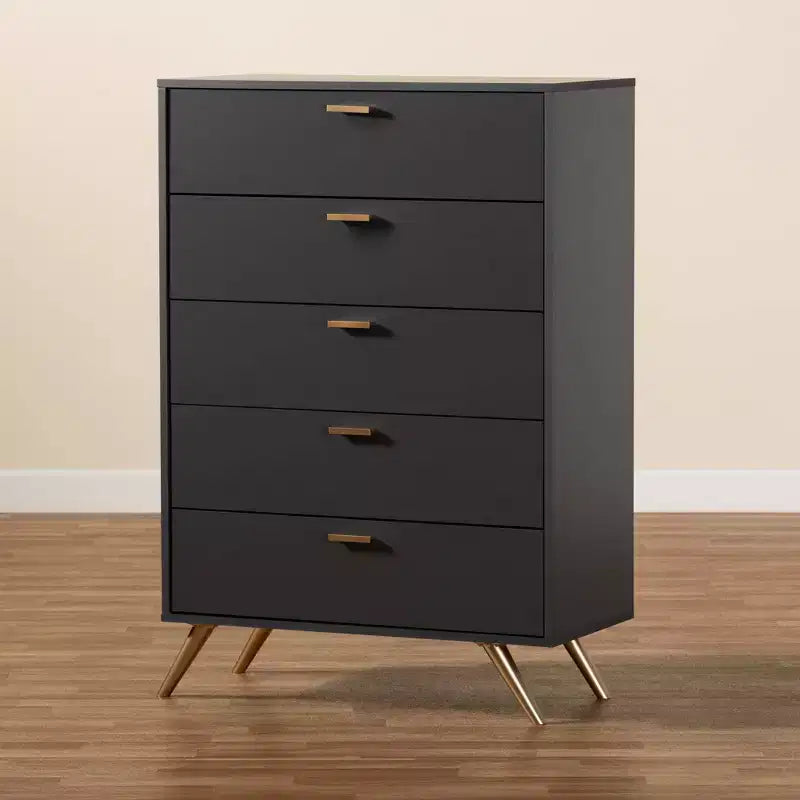 Commode Kelson Wood à 5 tiroirs gris foncé/doré - Baxton Studio : Rangement moderne pour chambre à coucher
