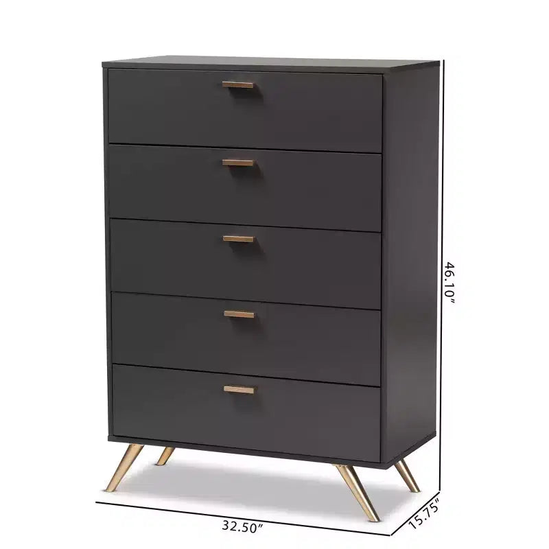 Commode Kelson Wood à 5 tiroirs gris foncé/doré - Baxton Studio : Rangement moderne pour chambre à coucher
