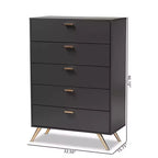 Commode Kelson Wood à 5 tiroirs gris foncé/doré - Baxton Studio : Rangement moderne pour chambre à coucher