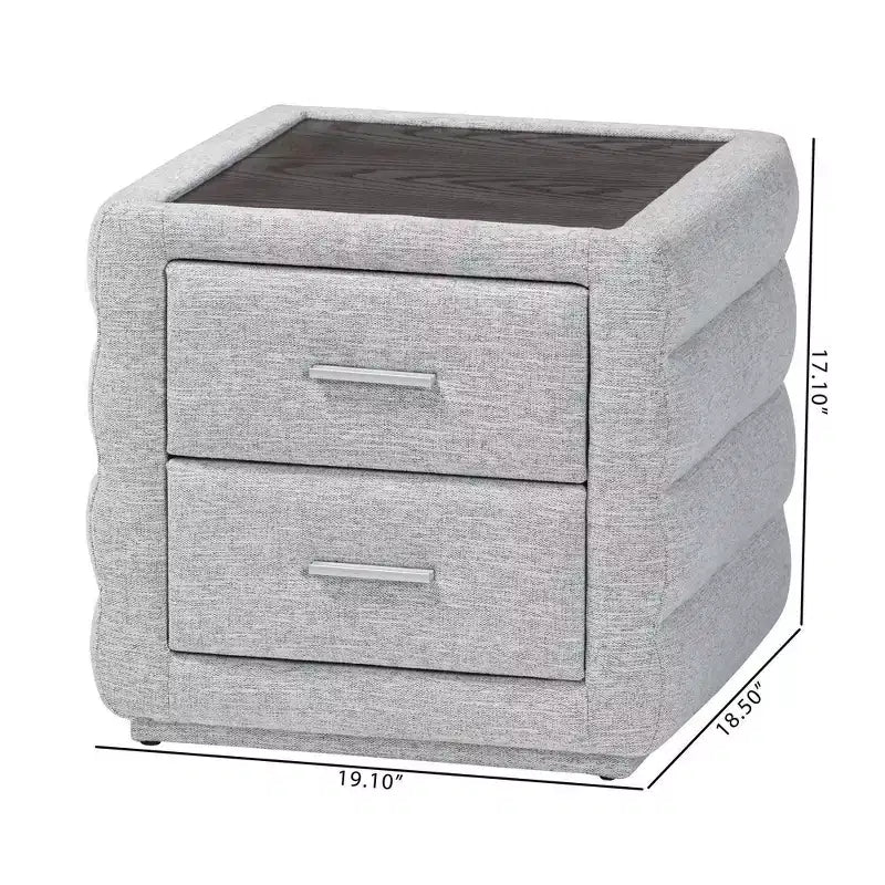 Table de chevet Baxton Studio Cadmus en tissu capitonné avec 2 tiroirs, gris clair