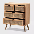 Commode d'appoint 4 tiroirs en bois et rotin Alina, chêne - Baxton Studio : Profil compact, esprit bohème, grand espace de rangement
