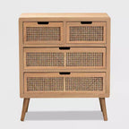 Commode d'appoint 4 tiroirs en bois et rotin Alina, chêne - Baxton Studio : Profil compact, esprit bohème, grand espace de rangement