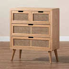 Commode d'appoint 4 tiroirs en bois et rotin Alina, chêne - Baxton Studio : Profil compact, esprit bohème, grand espace de rangement