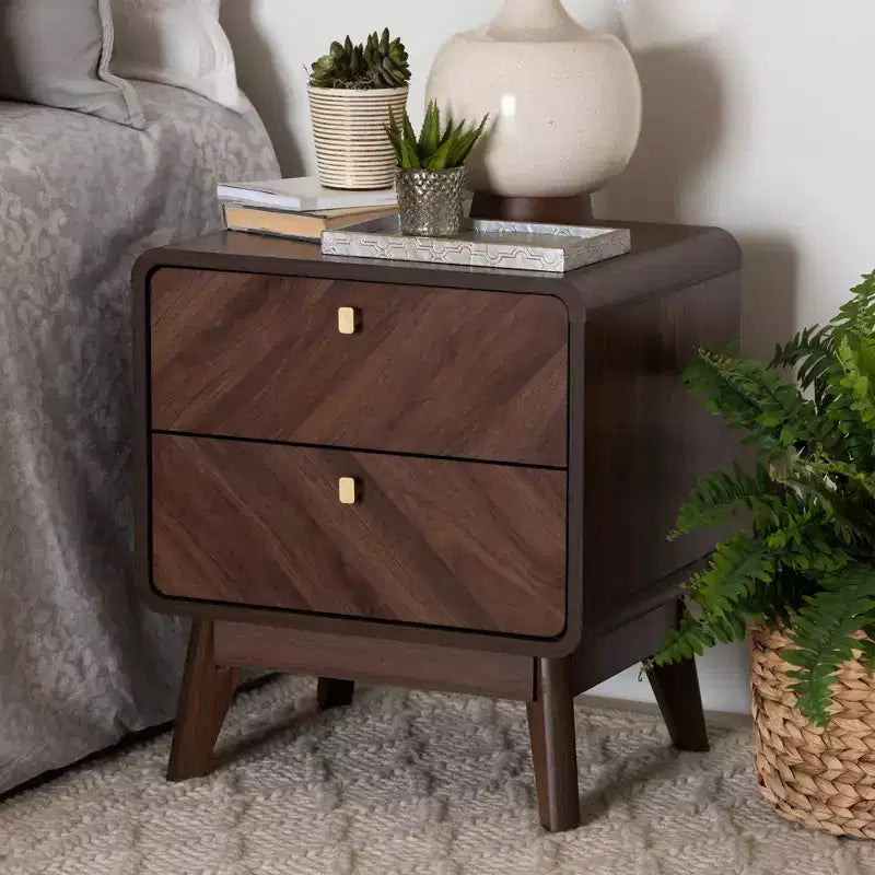 Baxton Studio Markell Table de chevet en bois à 2 tiroirs, brun noyer : Meuble de chevet élégant, panneaux de particules de bois MDF