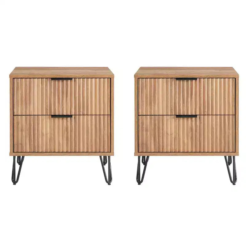 Manhattan Comfort Set of 2 Dumbo 2 Drawer Nightstands Golden Brown: Modern MDF Storage Furniture with Metal Glides