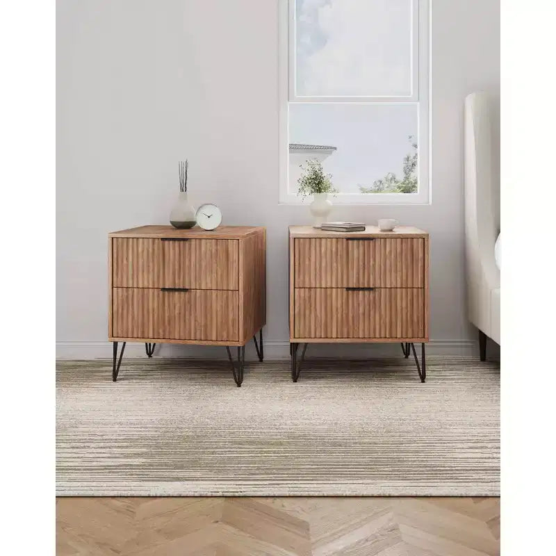 Manhattan Comfort Ensemble de 2 tables de nuit Dumbo à 2 tiroirs marron doré : Meuble de rangement moderne en MDF avec glissières en métal