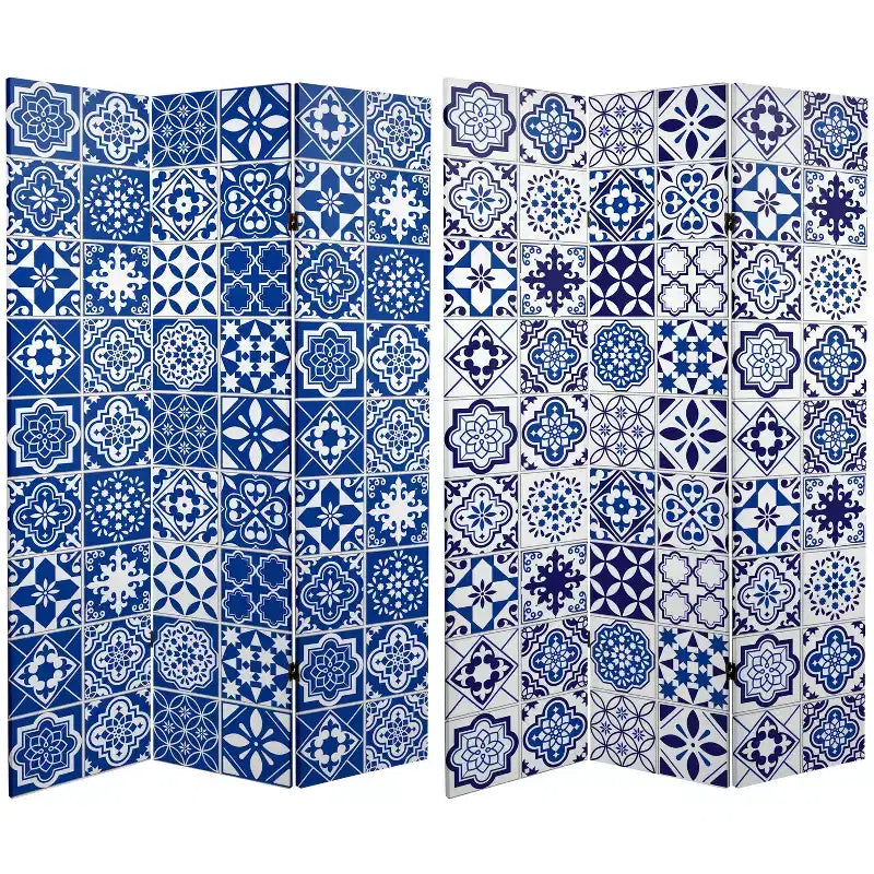 Oriental Furniture 6" Double Sided Tile Canvas Room Divider Blue: Indoor Privacy Screen, No Assembly Required