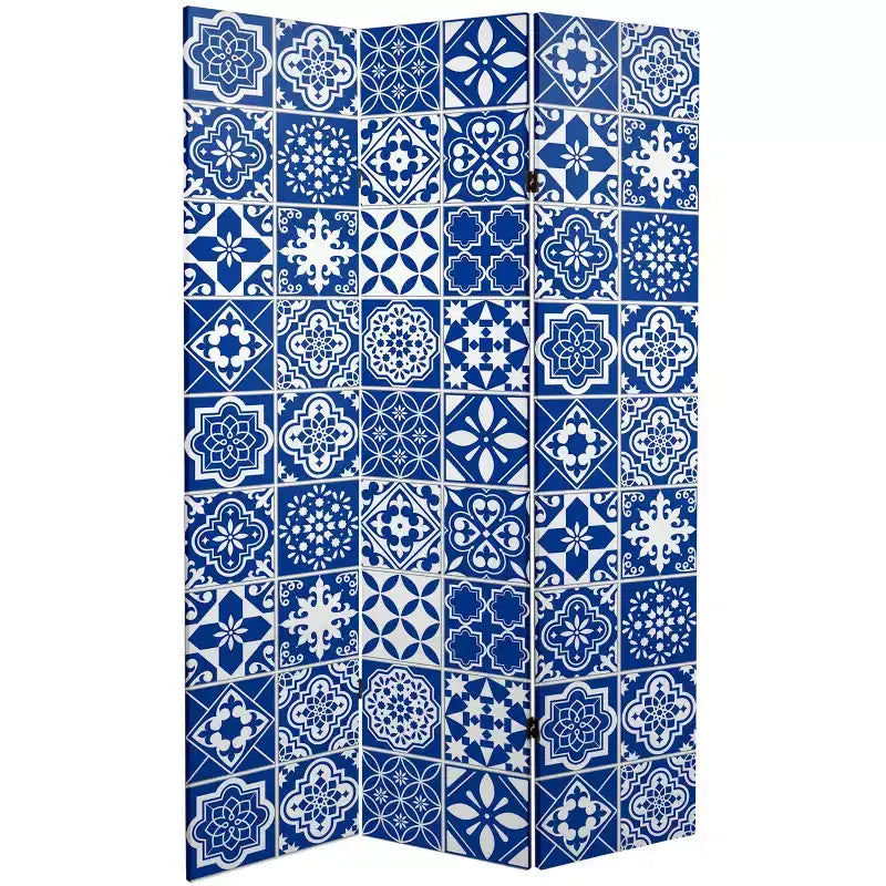 Séparateur de pièce en toile à carreaux double face 6 po Oriental Furniture bleu : Paravent intérieur, aucun assemblage requis