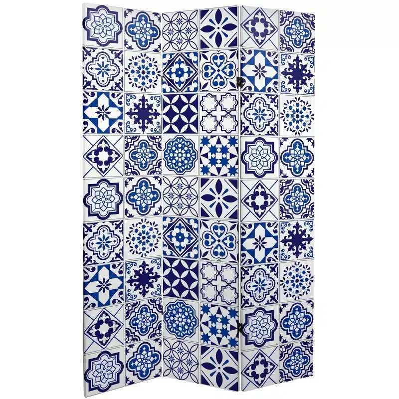 Séparateur de pièce en toile à carreaux double face 6 po Oriental Furniture bleu : Paravent intérieur, aucun assemblage requis