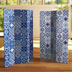Séparateur de pièce en toile à carreaux double face 6 po Oriental Furniture bleu : Paravent intérieur, aucun assemblage requis