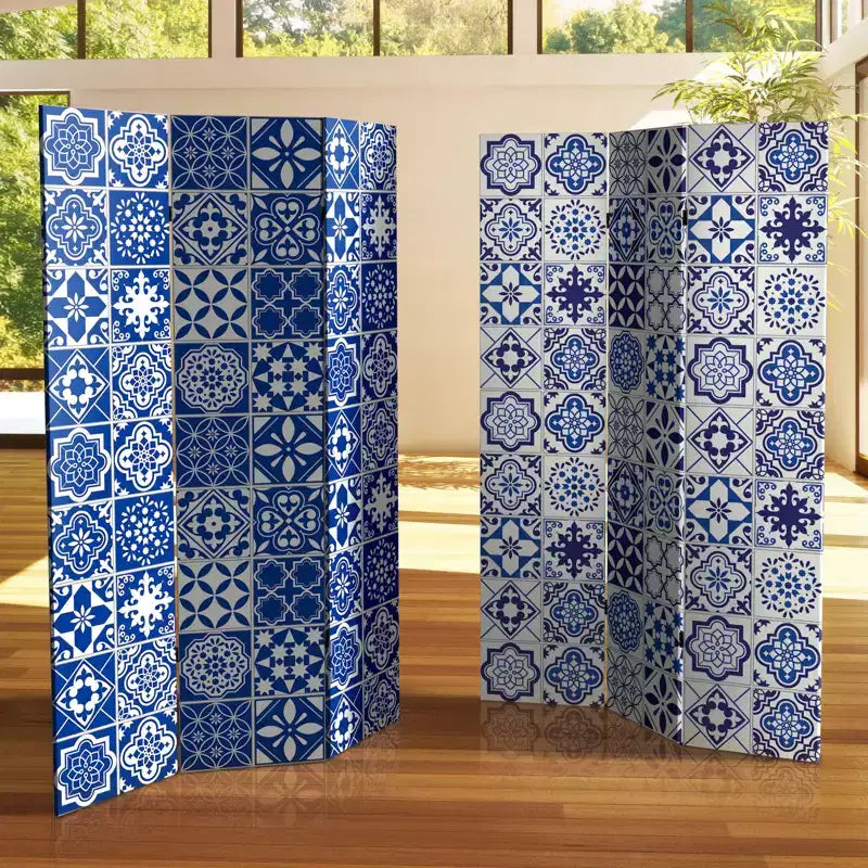 Séparateur de pièce en toile à carreaux double face 6 po Oriental Furniture bleu : Paravent intérieur, aucun assemblage requis