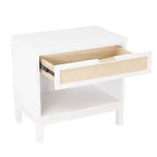 Table de chevet Comfort Pointe Bayport blanc avec incrustation en rotin : style côtier, 1 tiroir, cadre en peuplier, aucun assemblage requis